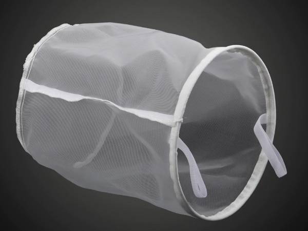 A piece of nylon monofilament mesh filter bag with metal ring.