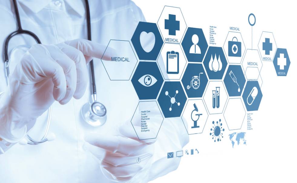 A picture shows several branches of medical industry.