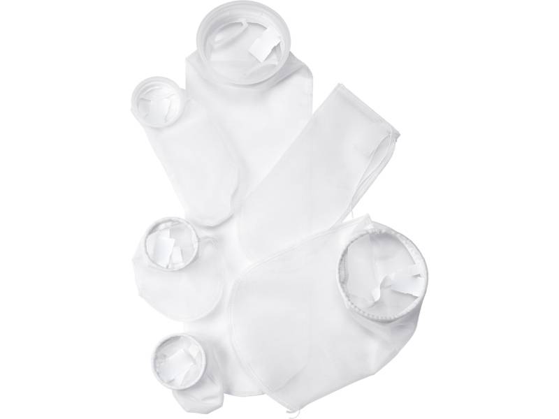 Several different sizes of nylon filter bags on white background.