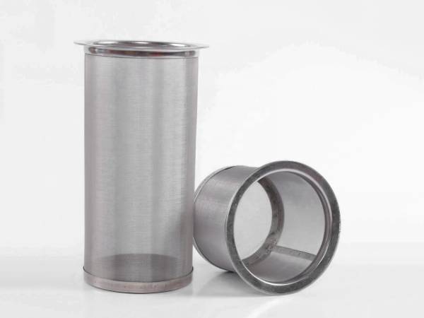 Two pieces of stainless steel filter tubes on gray background.